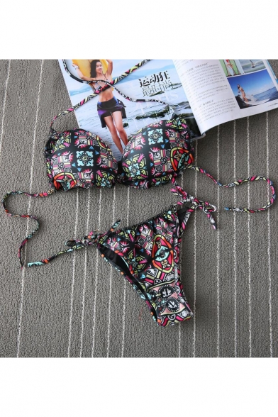 Women's Halter Tied Back Color Block Printed Bikinis