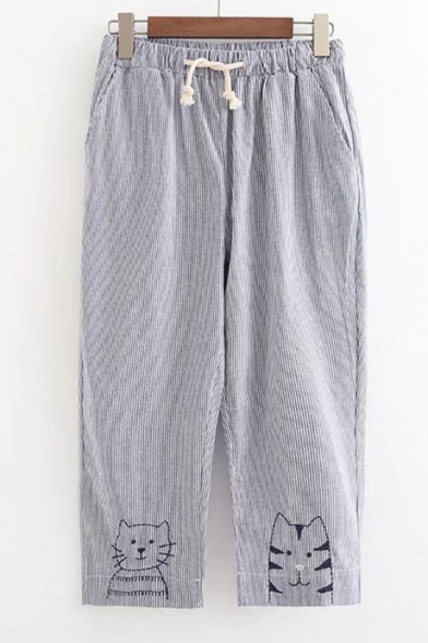 Elastic Drawstring Waist Striped Cartoon Cat Printed Loose Capris Pants