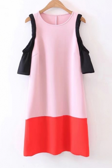 Fashion Color Block Cold Shoulder Round Neck Short Sleeve Mini Swing Dress