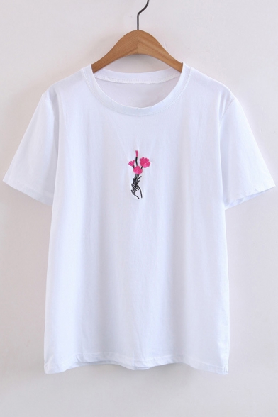 Leisure Embroidery Floral Short Sleeve Round Neck Tee