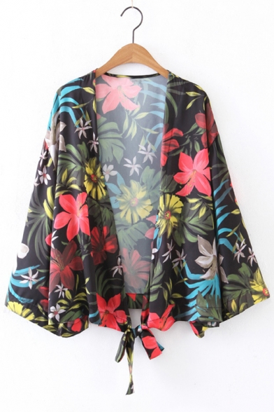 New Arrival Floral Printed Long Sleeve Collarless Knotted Kimono Top