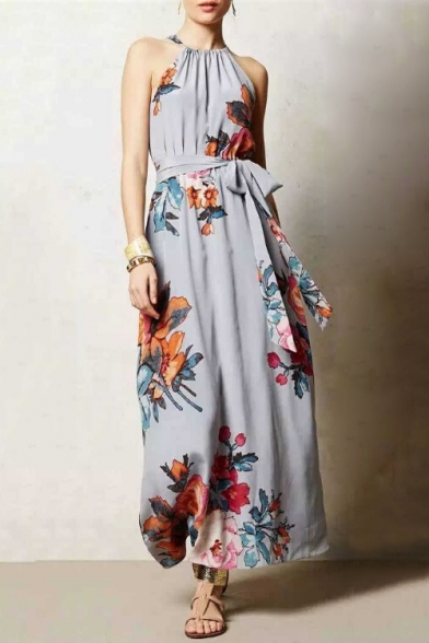 New Collection Floral Printed Halter Neck Sleeveless Tie Waist Maxi Beach Dress