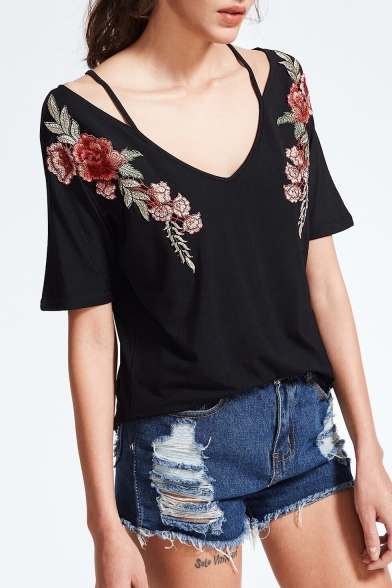 New Fashion Chic Floral Embroidered Plunge Neck Short Sleeve Loose Tee
