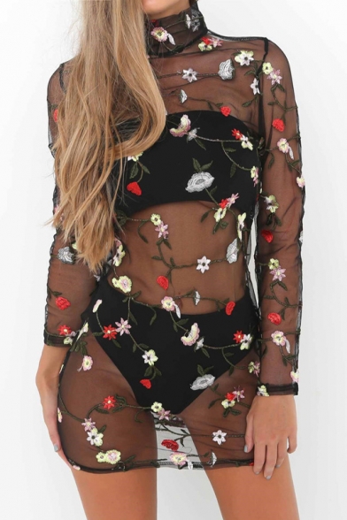 New Fashion Sheer Mesh Patched Floral Embroidered High Neck Long Sleeve Mini Dress