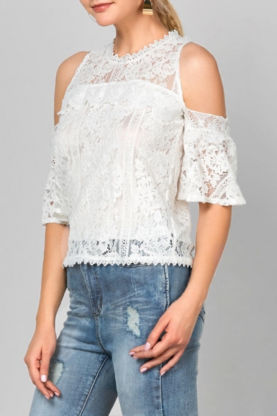 Round Neck Fashion Cold Shoulder Flared Sleeve Sexy Cut Out Lace Pullover Blouse