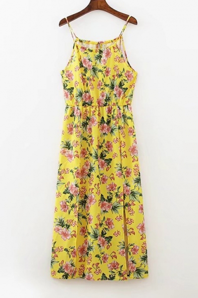 Summer's Floral Printed Spaghetti Straps Split Front Midi Slip Dress