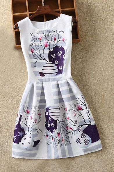 Summer's Round Neck Sleeveless Floral Printed Mini A-Line Dress