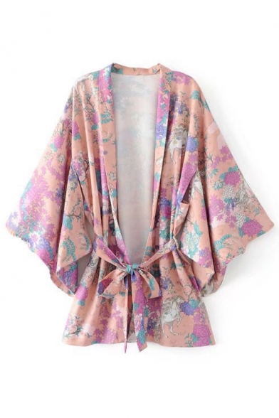 Women's Floral Printed Bell Half Sleeve Belt Waist Cardigan Kimonos Top
