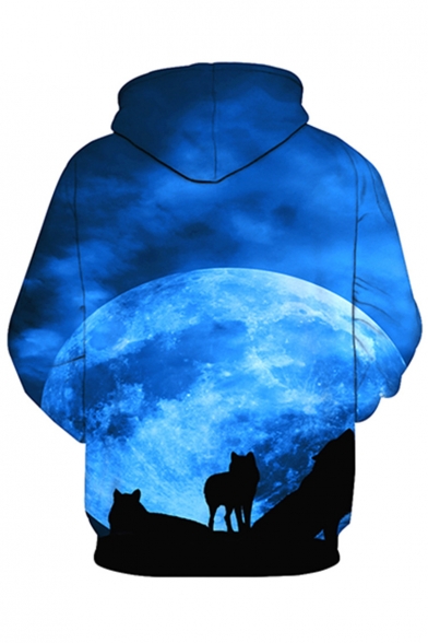 3D Moon Wolf Printed Long Sleeve Casual Hoodie with Pockets