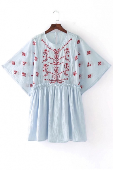 Chic Embroidered Round Neck Batwing Sleeve Mini A-Line Dress