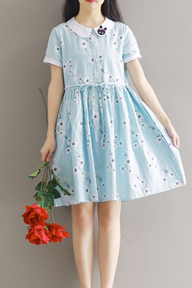 Collared Short Sleeve Fresh Floral Printed Loose Leisure Midi A-Line Dress