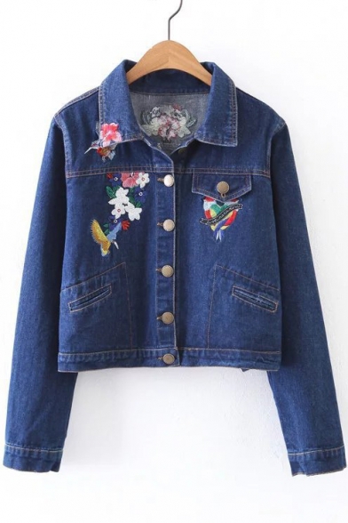 Fashion Embroidery Floral Pattern Lapel Long Sleeve Single Breasted Denim Jacket