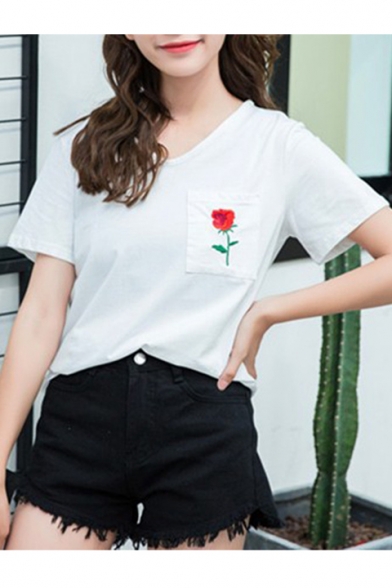 Leisure Embroidery Floral Packet Short Sleeve Round Neck Tee