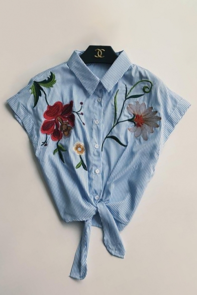 New Arrival Striped Embroidery Floral Pattern Tied Hem Lapel Single Breasted Shirt