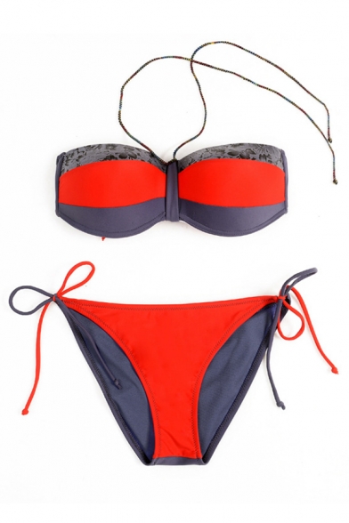 New Fashion Color Block Halter Neck Top String Bottom Bikini Swimwear