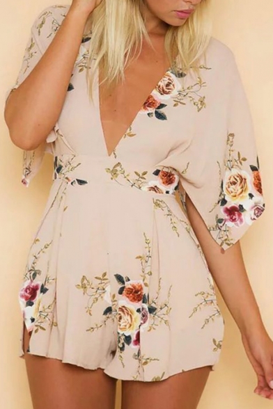 New Fashion Plunge Neck Short Sleeve Open Back Floral Printed Rompers