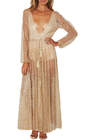 Sexy Sheer Plunge V-Neck Long Sleeve Sequined Maxi A-Line Dress