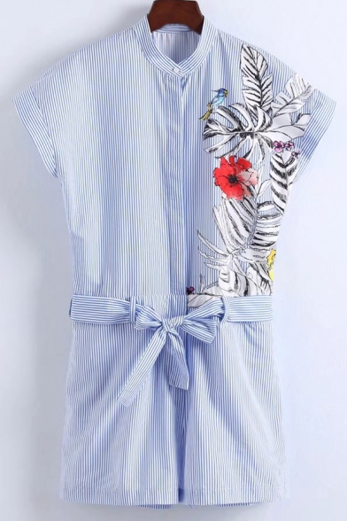 Striped Printed Floral Embroidered Round Neck Short Sleeve Tie Waist Rompers