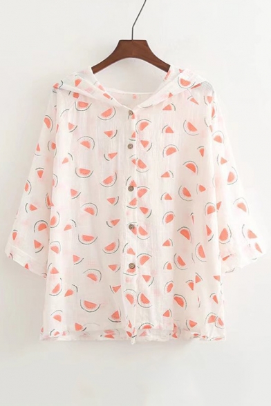 Summer's Simple Watermelon Printed Hooded 3/4 Sleeve Buttons Down Sun Coat