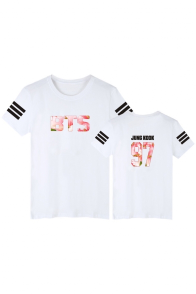 Unisex Fashion BST Letter Printed Striped Short Sleeve Round Neck Tee