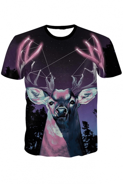 3D Galaxy Deer Printed Round Neck Short Sleeve Casual T-Shirt