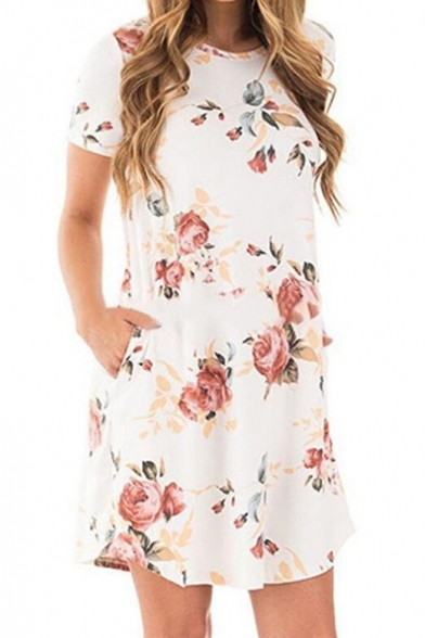 Casual Floral Printed Short Sleeve Round Neck Mini T-Shirt Dress with Pockets