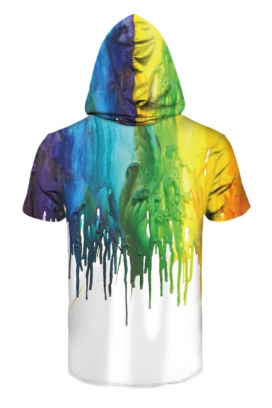 Chic Color Block Printed Short Sleeve Hooded Couple Tee