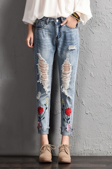 Chic Floral Embroidered Mid Waist Fashion Cut Out Casual Jeans