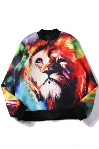 Color Block Lion 3D Printed Stand-Up Collar Single Breasted Bomber Jacket