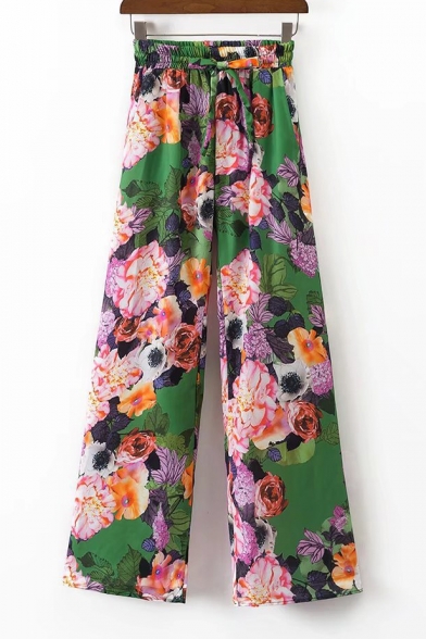 Elastic Waist Chic Floral Printed Casual Loose Wide Legs Pants