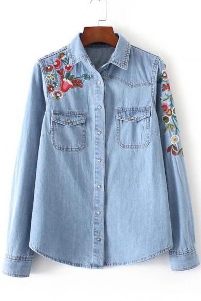 Fashion Embroidery Floral Lapel Single Breasted Denim Shirt with Pockets