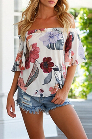 Hot Fashion Off The Shoulder Short Sleeve Floral Printed Pullover Blouse