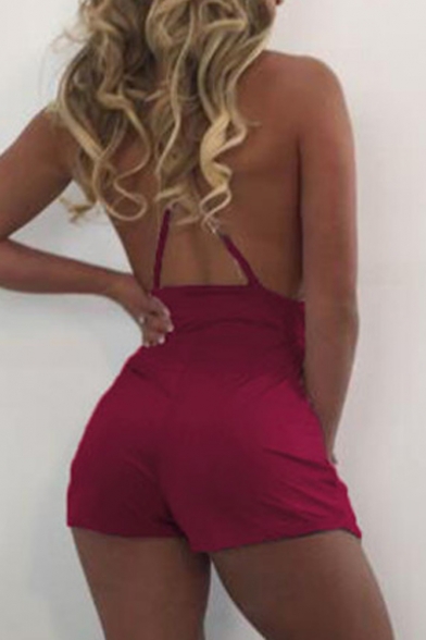 Hot Fashion Spaghetti Straps Sleeveless Tie Waist Plain Fitted Rompers