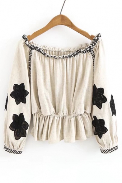 New Arrival Ruffle Hem Long Sleeve Off the Shoulder Embroidery Floral Pattern Blouse