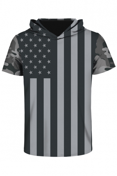 New Stylish Striped USA Flag Short Sleeve Hooded Tee