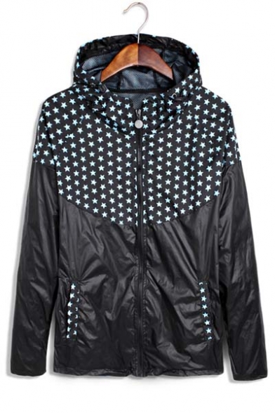Star Printed Fashion Hooded Long Sleeve Zip Placket Oversize Coat