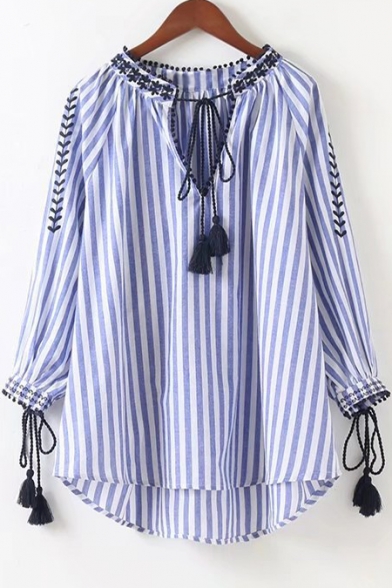 Striped Printed Round Neck Long Sleeve Tassel Embellished Pullover Blouse