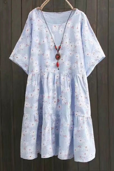 Summer's Fresh Floral Printed Round Neck Short Sleeve Midi Smock Dress
