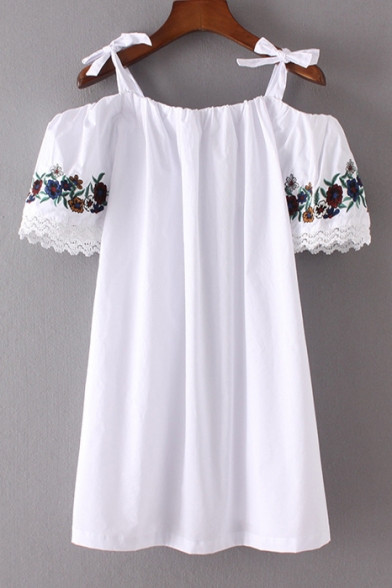 Women's Embroidery Floral Short Sleeve Cold Shoulder Knotted Straps Mini Swing Cami Dress