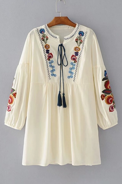 Women's Lantern Long Sleeve Round Neck Embroidery Floral Mini Peasant Dress