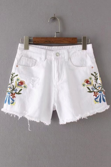Chic Floral Embroidered Ripped Raw Edge High Waist Denim Shorts