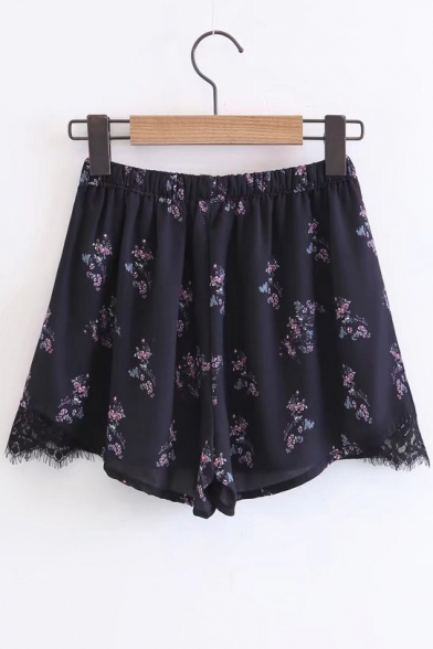 Elastic Drawstring Waist Floral Printed Lace Trim Loose Shorts