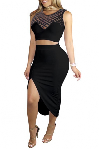 Fashion Hollow Out Sleeveless Cropped Tank with Midi Plain Pencil Skirt