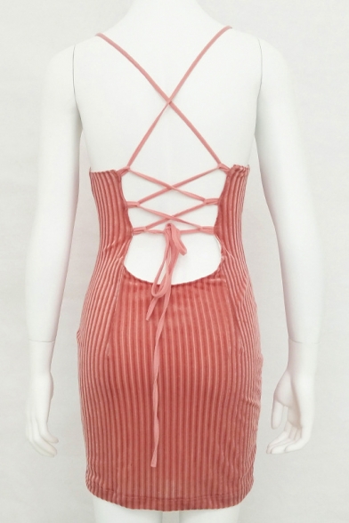 Fashion Women;s Spaghetti Straps Crisscross Back Sleeveless Plain Mini Cami Dress