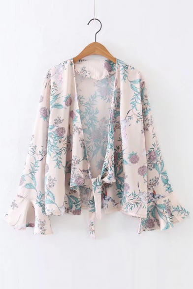 Floral Printed Long Sleeve Flare Cuff Knotted Casual Kimono Top