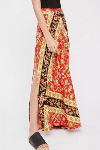 Holiday Beach Boho Style Floral Printed Slit Side Maxi Skirt