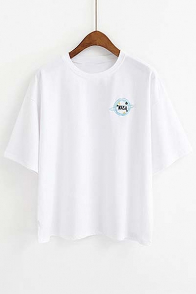 NASA Letter Embroidered Round Neck Short Sleeve Pullover Casual T-Shirt