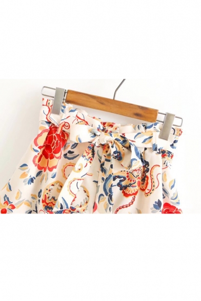 New Arrival Fashion Floral Pattern Bow Waist Loose Shorts
