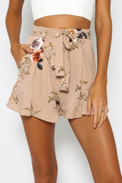 New Arrival High Waist Floral Printed Ruffle Hem Casual Shorts with Belt