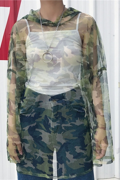 New Arrival Sheer Camouflage Printed Hooded Long Sleeve Tunic Top